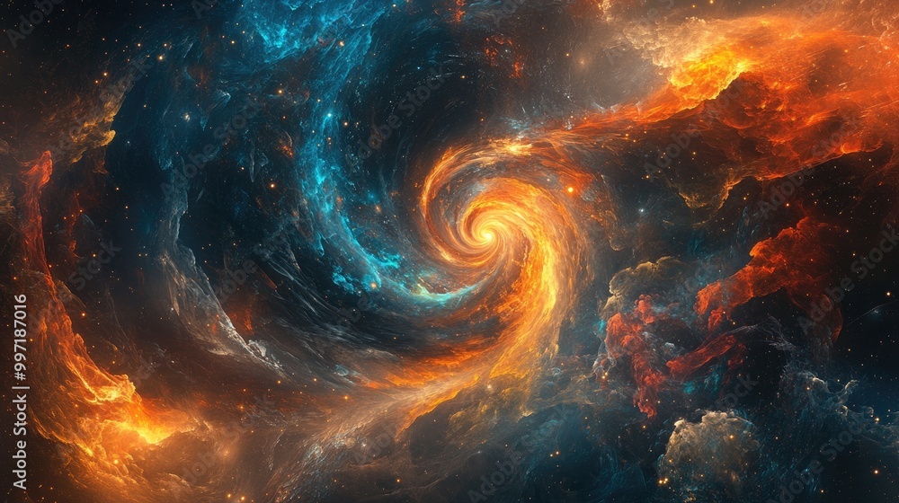 Poster cosmic space featuring abstract fire and ice elements in a dynamic swirl, perfect for adding unique 