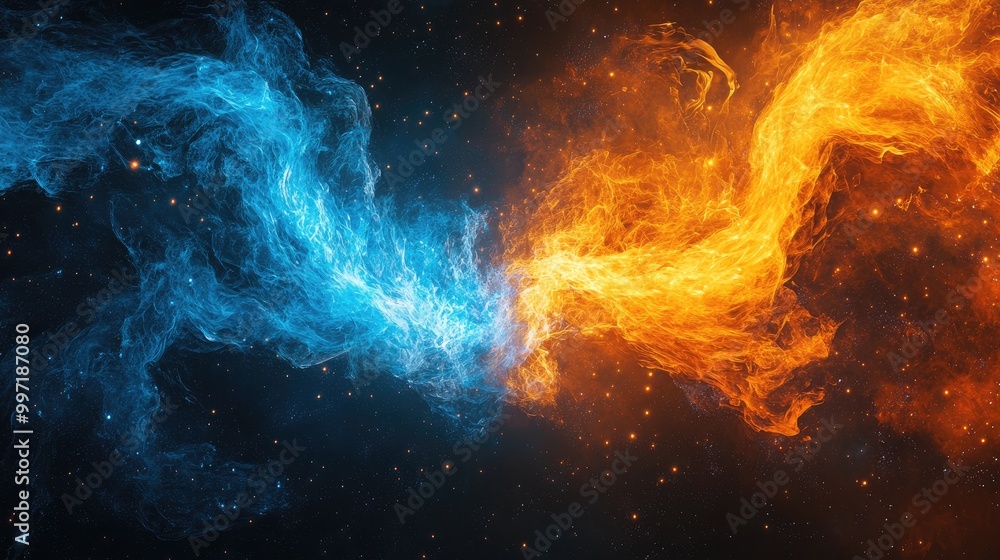 Poster dynamic abstract fire and ice elements colliding in cosmic space, creating a visually inspiring comp