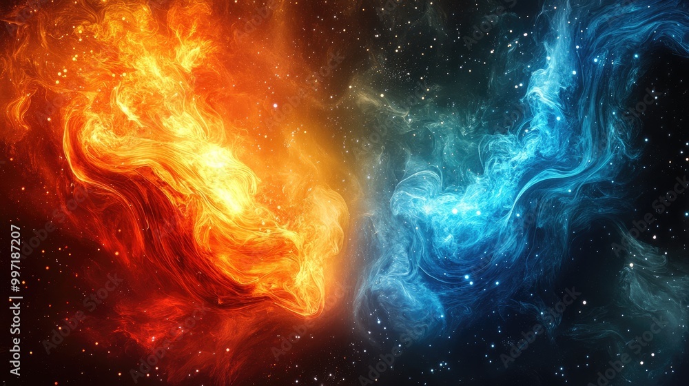 Poster fire and ice elements in an abstract cosmic setting, offering a powerful visual for designers and ar