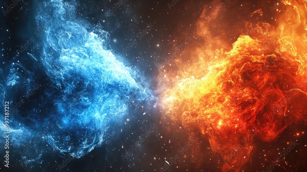 Poster fire and ice elements in an abstract cosmic setting, offering a powerful visual for designers and ar
