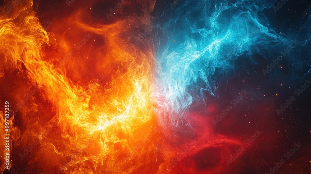 Poster fire and ice elements in an abstract cosmic setting, offering a powerful visual for designers and ar