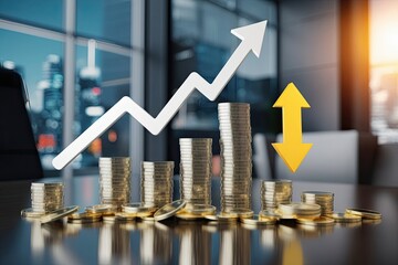 3D Illustration of Shiny Coins and Climbing Arrow Representing Portfolio and Finances in the Business World