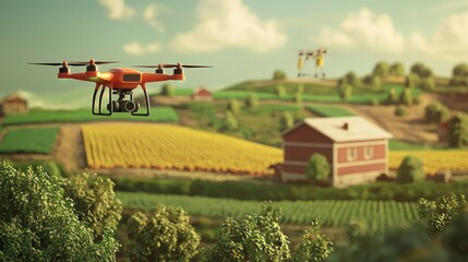 Fototapeta premium Futuristic Drone Delivering Supplies to Farm with Lush Crops | 3D Illustration of Agricultural Technology in Action