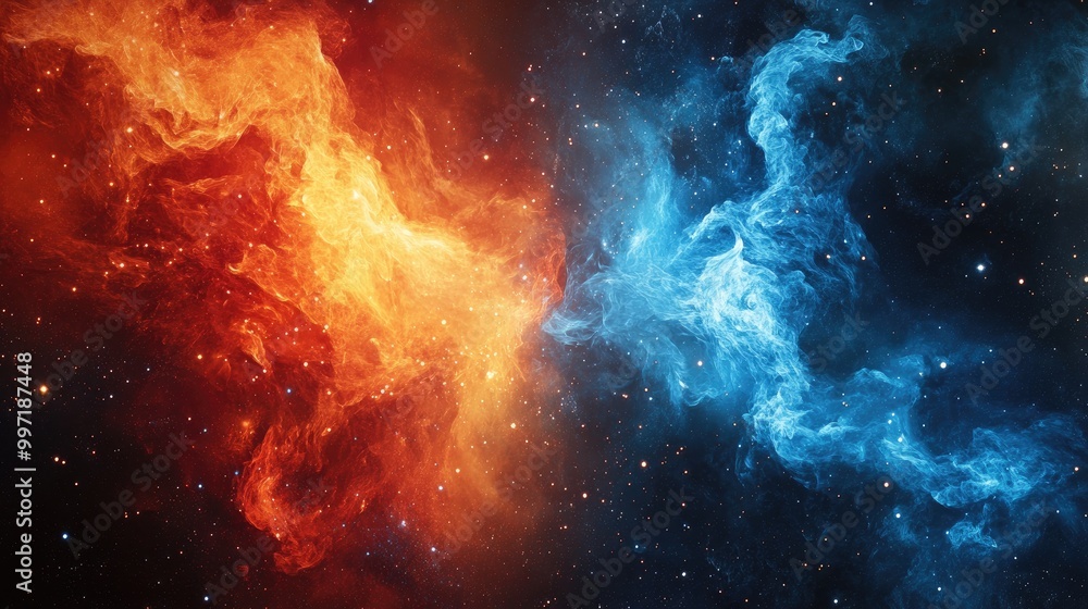 Poster stunning abstract fire and ice elements merging in a cosmic backdrop, offering a unique and dynamic 