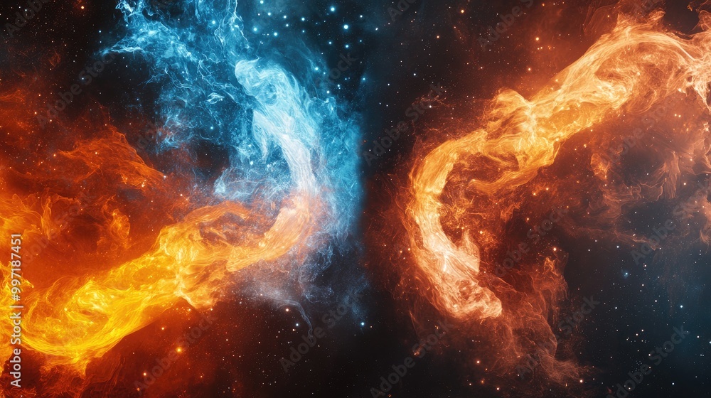 Poster stunning abstract fire and ice elements merging in a cosmic backdrop, offering a unique and dynamic 