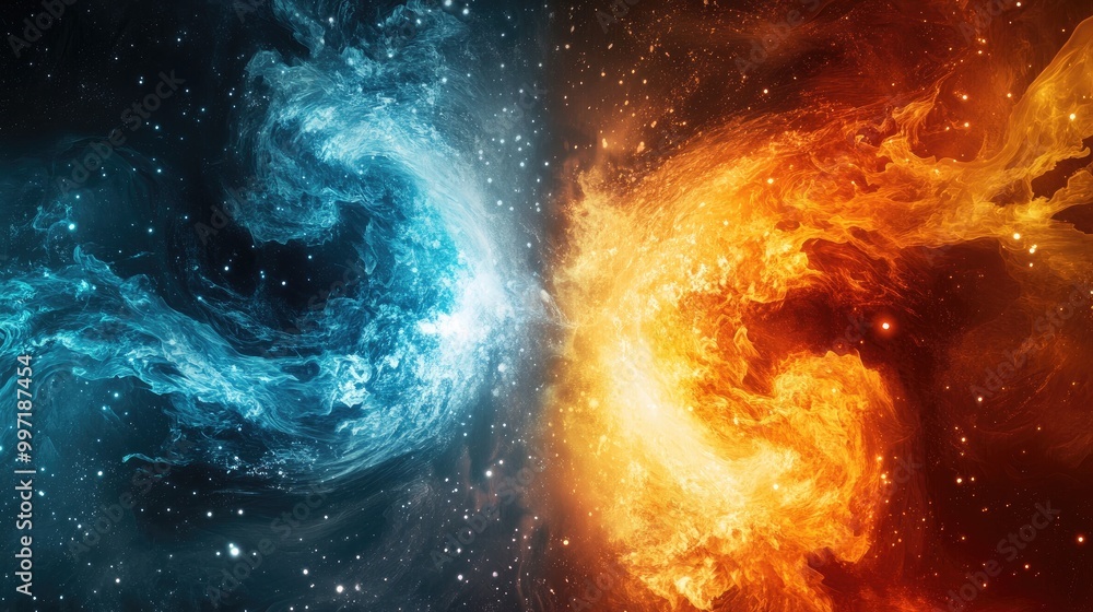Poster stunning abstract fire and ice elements merging in a cosmic backdrop, offering a unique and dynamic 