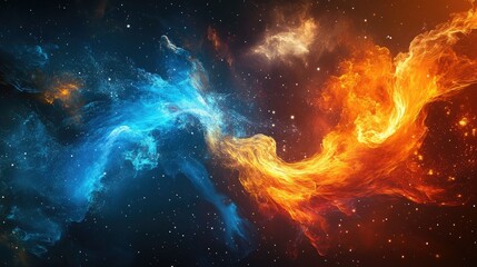 Obraz premium Abstract fire and ice elements dancing in a cosmic space background, offering a powerful and inspiring visual for designers and artists
