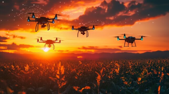 Advanced Agricultural Automation: Drones and Robots Enhancing Crop Yield at Sunset Farm