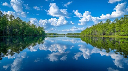 The tranquil waters of Lake Martin beautifully reflect the bright blue sky and fluffy clouds, surrounded by lush greenery and tall trees