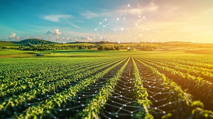 Futuristic AI System Analyzing Crop Data for Predicting Yield Outcomes in Vibrant Landscape