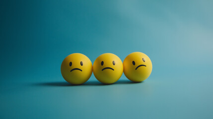 emotional, mood, sadness concept: three yellow balls with sad faces arranged in a slightly slumped pattern against an isolated baby blue background