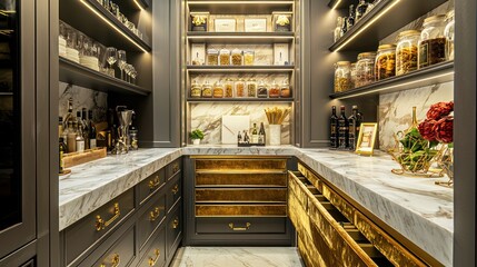 A lavish walk-in pantry with marble countertops, gold shelving, and velvet-lined drawers Designed for a gourmet chef, it's both functional and opulent