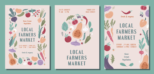 Set of modern banner or poster for Local Farmers Market, Organic Farm, Harvest Festival, Agricultural fair  Vector flat illustration. Announcement for seasonal fair. Hand drawn banner template