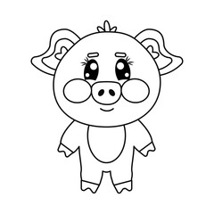 Outline kawaii cute pig full height for children isolated on white background. Image for children's coloring book