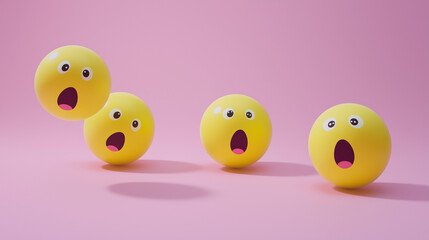 emotional, mood, surprise concept: three yellow balls with surprised faces arranged in a scattered, dynamic pattern against an isolated soft pink background