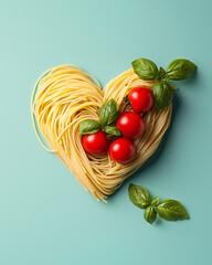 Cooked spaghetti noodles, with cherry tomatoes and basil inside heart-shaped