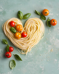 Cooked spaghetti noodles, with cherry tomatoes and basil inside heart-shaped