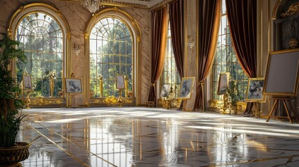 Obraz premium A luxurious art studio with a marble floor, velvet draped windows, and gold accents Natural light and opulent surroundings inspire creativity