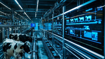 Naklejka premium Advanced Robotic Livestock Health Monitoring System with Data Analytics Screen Display