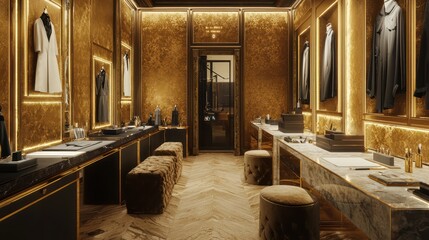 A luxurious atelier with gold-lined walls, marble workstations, and velvet seating Designed for fashion designers, ita??s perfect for creating haute couture pieces