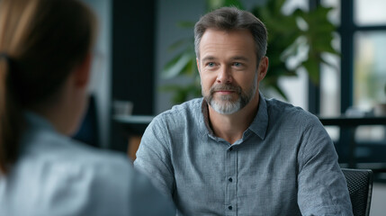 Naklejka premium empathy in the workplace: a manager supporting an employee, a professional scene showing a manager discussing concerns with an employee in a private office