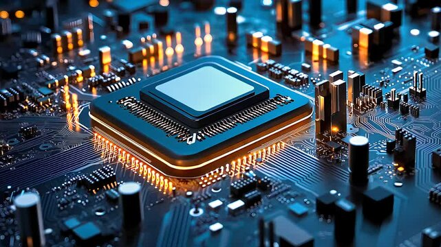 Close-up of a modern microprocessor on a circuit board, showcasing advanced technology, semiconductor manufacturing, and digital electronics.

