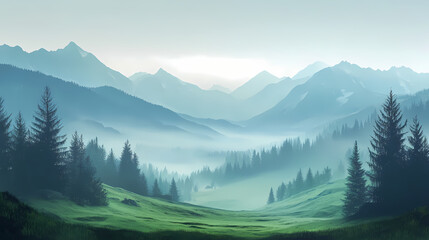 Fototapeta premium Misty mornings: fog over green valley. Alpine Meadow. Illustration