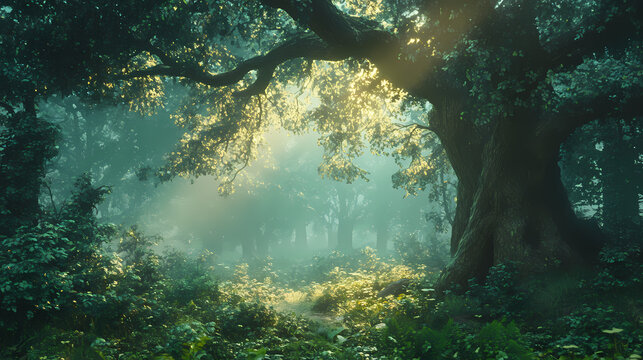 Misty forest with ancient, towering trees and a lush green undergrowth, illuminated by soft, ethereal light breaking through the canopy above. Druid Grove. Illustration