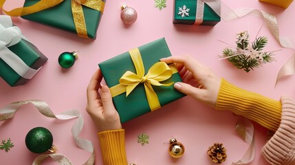 Obraz premium Hands Holding a Christmas Gift Box with Yellow Ribbon on a Festive Pink Background with Decorations