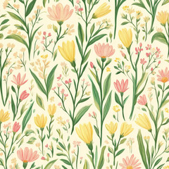 A detailed floral pattern with small garden flowers like daisies and tulips in soft pastel yellow and pink, with subtle green foliage, giving a serene spring feel.