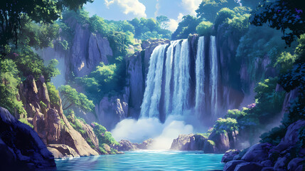 Nature's power. a majestic waterfall cascading down a rocky cliff into a peaceful lagoon concept. Thundering Waterfall. Illustration