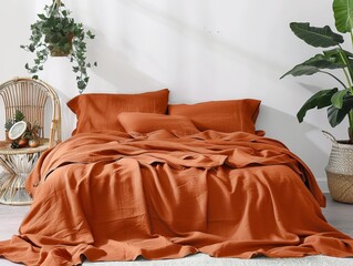 Cozy Minimalist Bedroom with Terracotta Bedding, Indoor Plants, and Rattan Furniture for Boho Deco