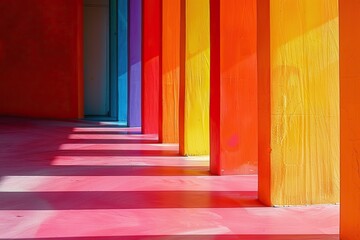 Vibrant Multicolored Architectural Columns with Bright Sunlight and Geometric Shadows