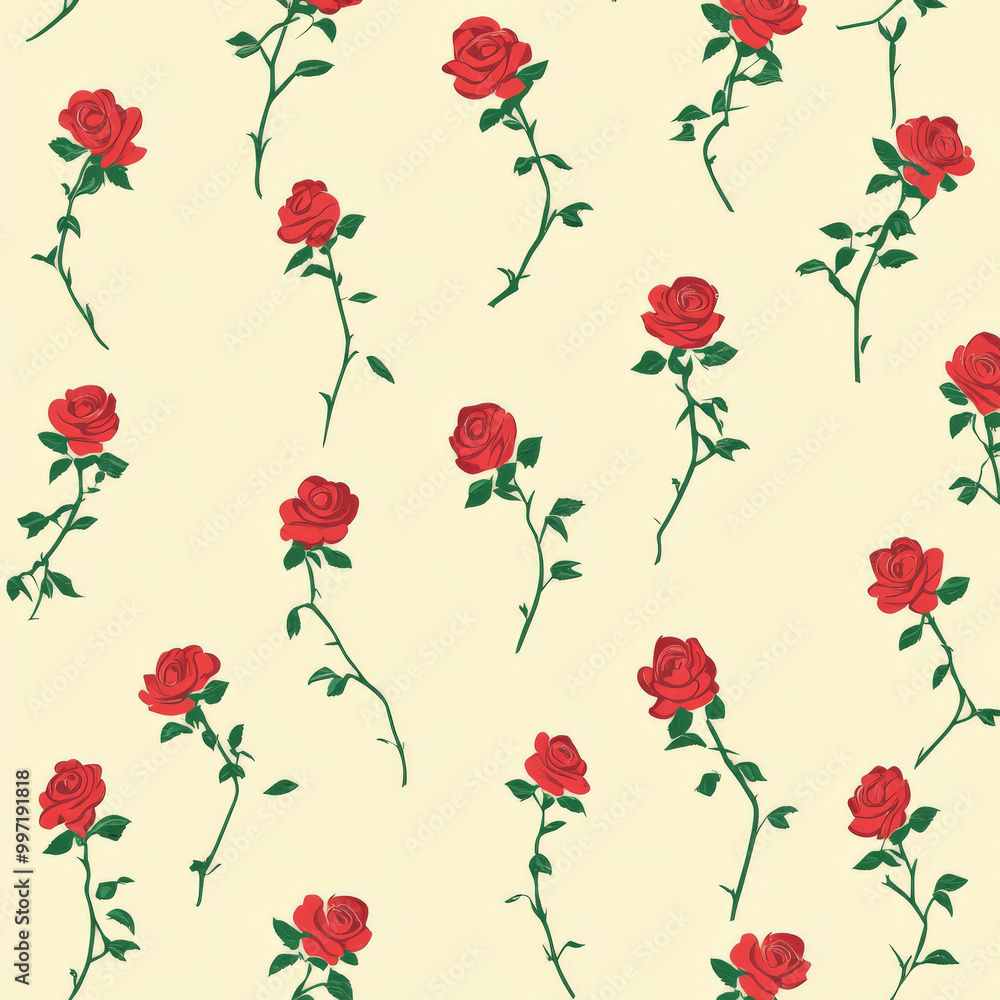 Canvas Prints a repeating flat design pattern of small red roses with green stems and leaves, scattered on a pale 