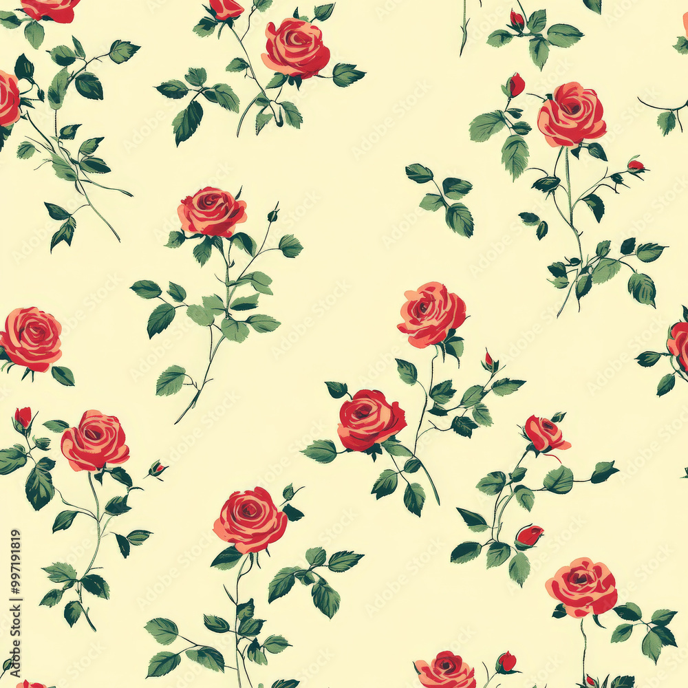 Canvas Prints a repeating flat design pattern of small red roses with green stems and leaves, scattered on a pale 
