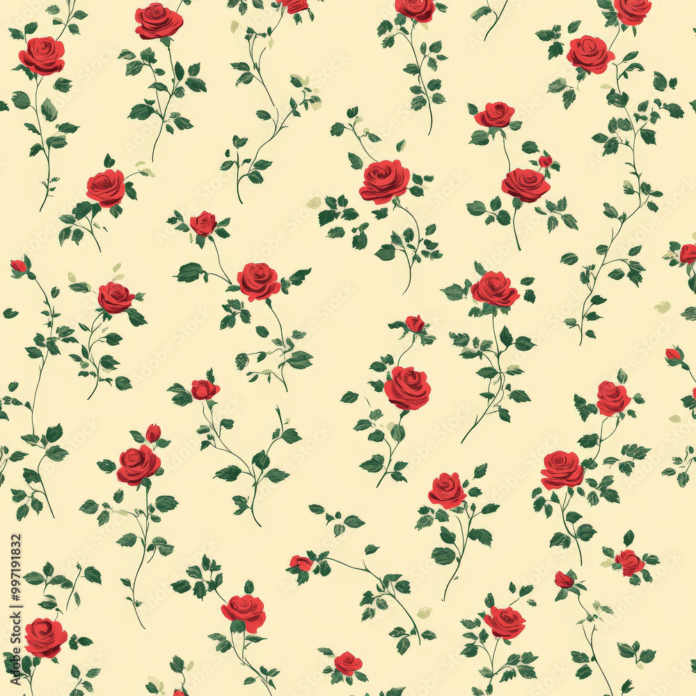 Canvas Prints a repeating flat design pattern of small red roses with green stems and leaves, scattered on a pale 
