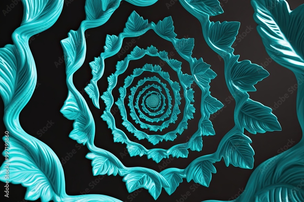 Poster floating intricate turquoise leaves spiraling in dynamic motion