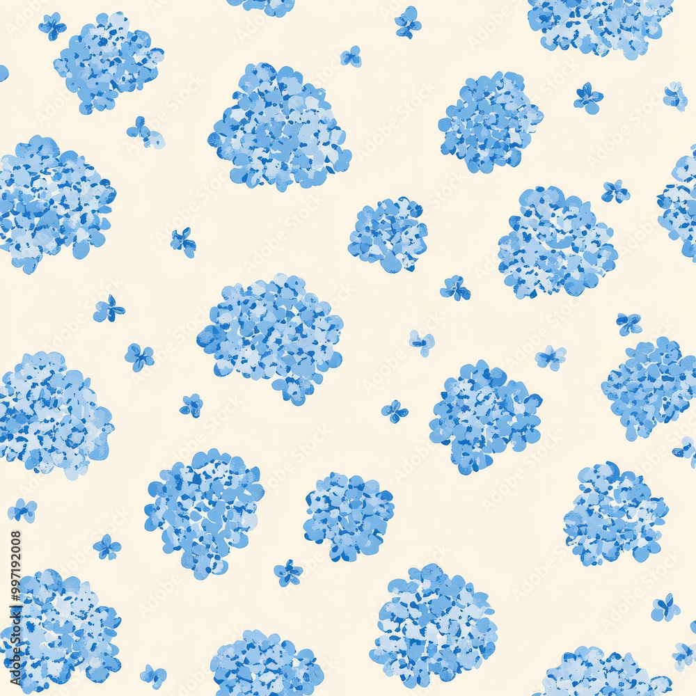 Poster a seamless flat design pattern of tiny blue hydrangea flowers, scattered across a soft cream backgro