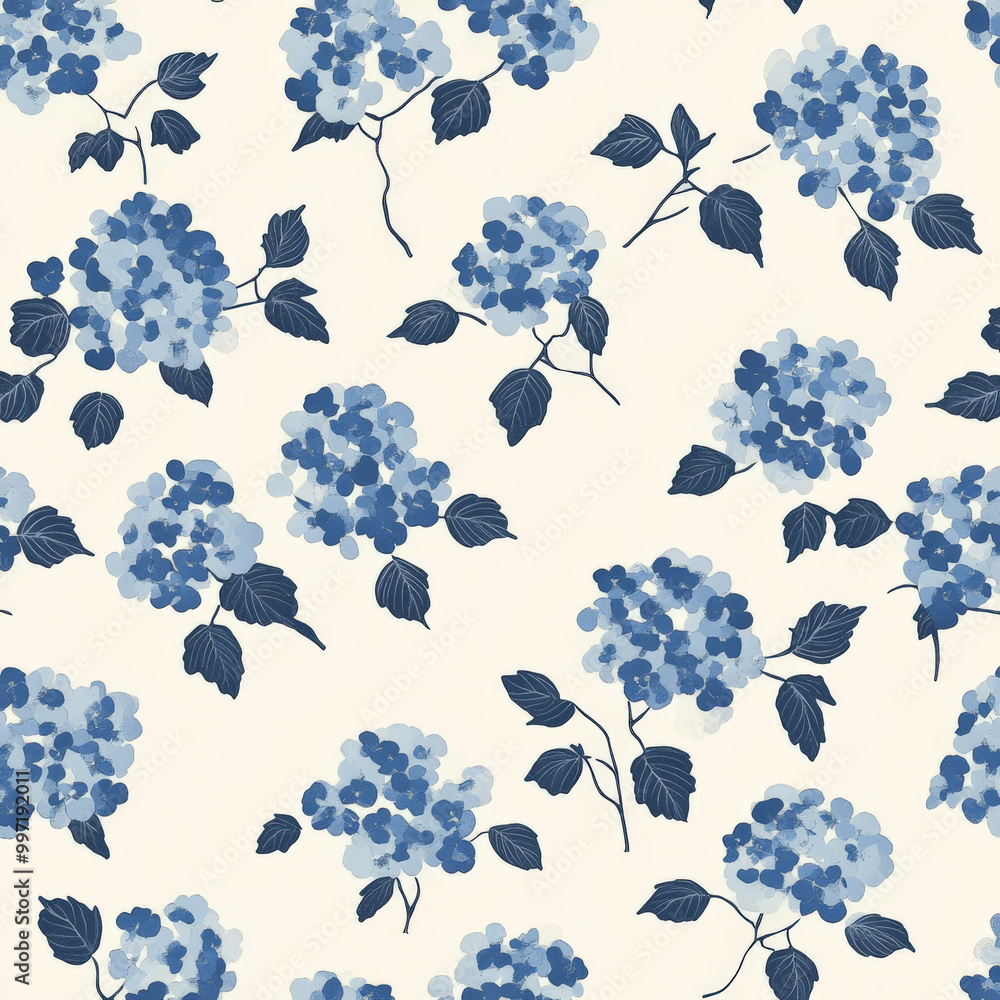 Poster a seamless flat design pattern of tiny blue hydrangea flowers, scattered across a soft cream backgro