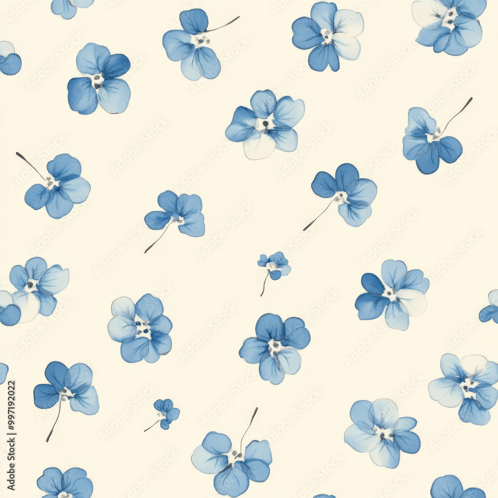 Poster a seamless flat design pattern of tiny blue hydrangea flowers, scattered across a soft cream backgro