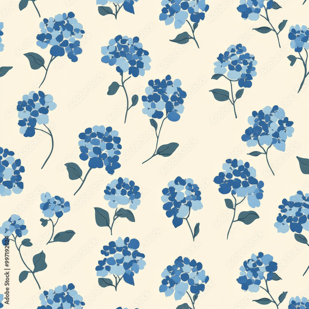 Poster a seamless flat design pattern of tiny blue hydrangea flowers, scattered across a soft cream backgro