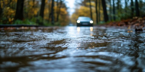 Fototapeta premium Flooded street in urban neighborhood due to heavy rain and storm