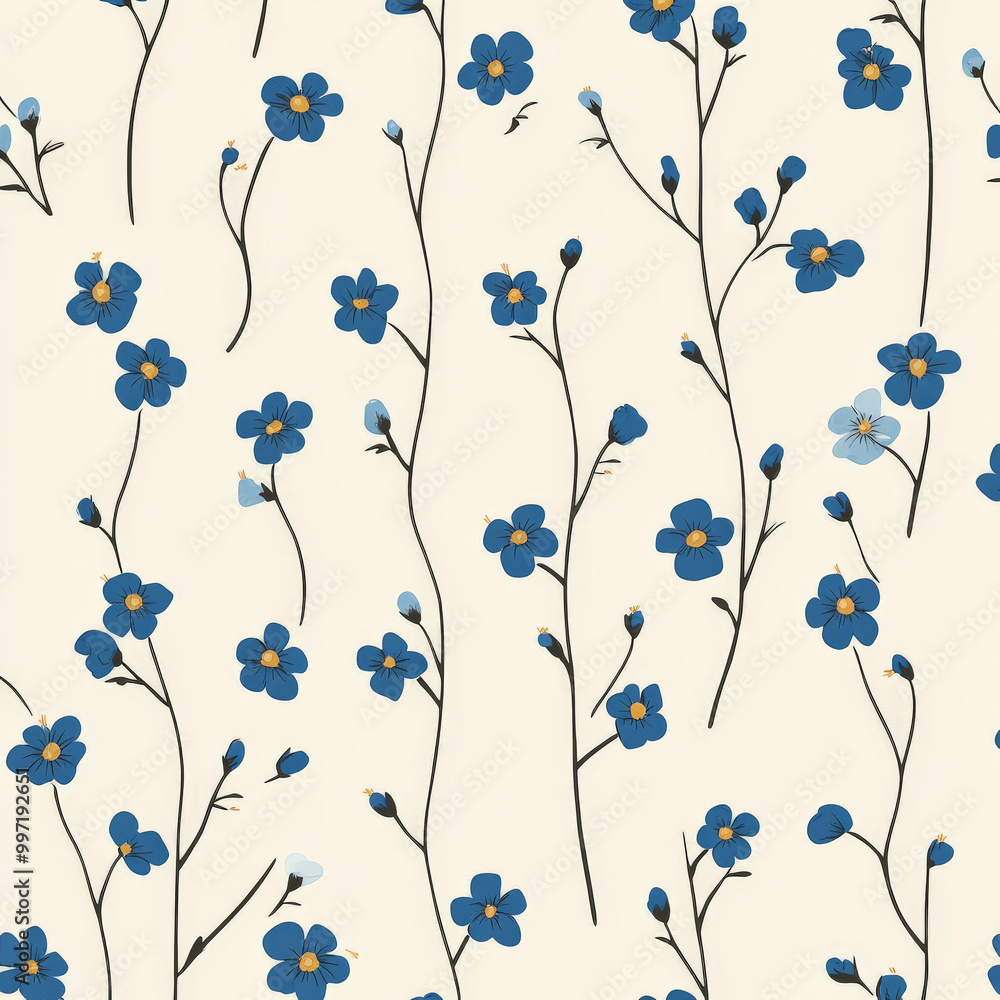 Poster small blue forget-me-nots in flat design, arranged in a repeating pattern on a soft cream background