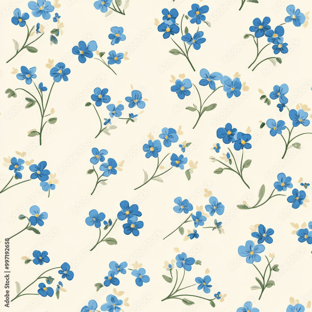 Poster small blue forget-me-nots in flat design, arranged in a repeating pattern on a soft cream background