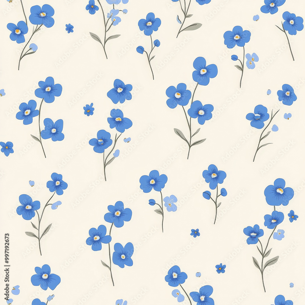 Poster small blue forget-me-nots in flat design, arranged in a repeating pattern on a soft cream background