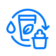 A blue line drawing of a cup with a green leaf on it and a cupcake with a blue frosting