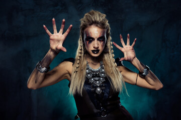 Photo of fierce fighter lady shield maiden attack defense enemy in scandinavia over mist dark...