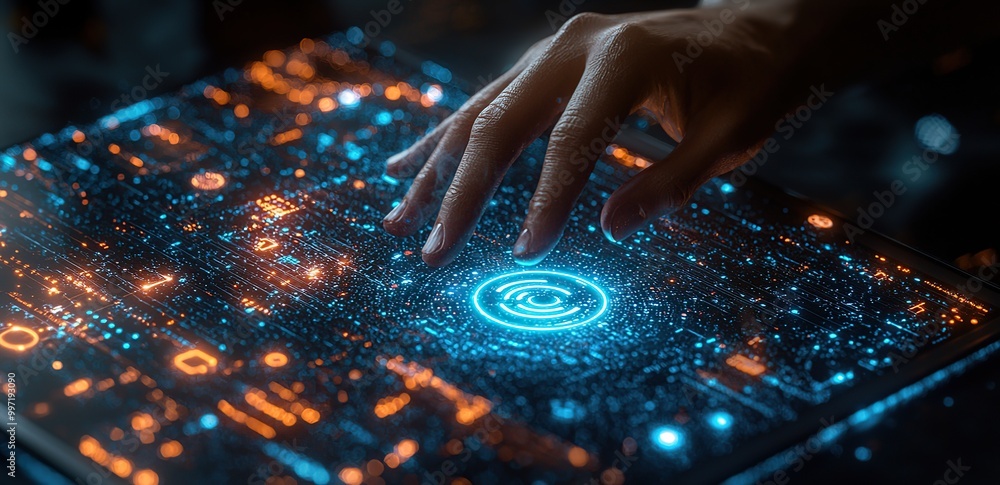 Poster a hand interacts with a futuristic glowing interface, representing the power of technology.