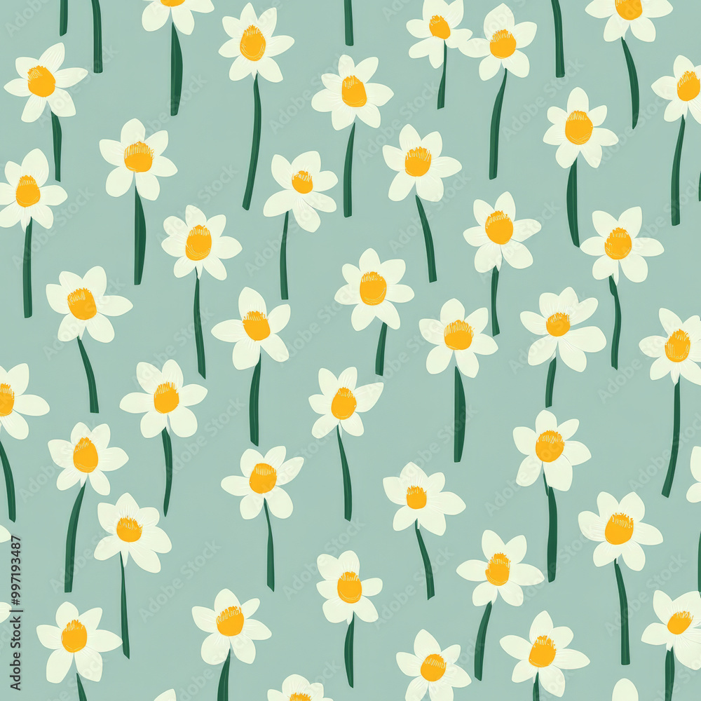 Poster tiny flat design daffodils in yellow and white hues, arranged in a repeating pattern on a light mint