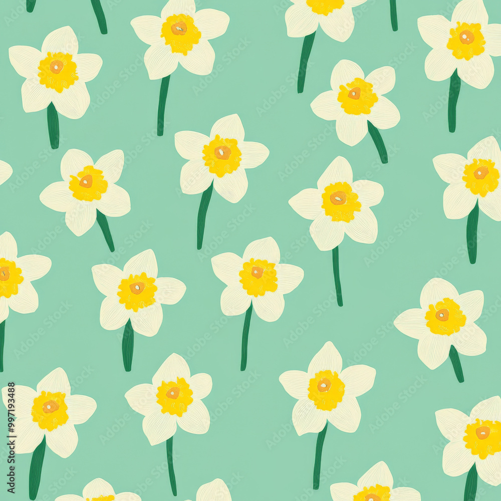 Aufkleber tiny flat design daffodils in yellow and white hues, arranged in a repeating pattern on a light mint